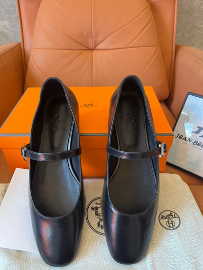 Hermes leather ballet flats black