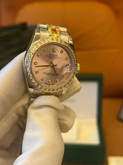 Rolex datejust 31 mm pink mother of pearl dial two tone diamond watch