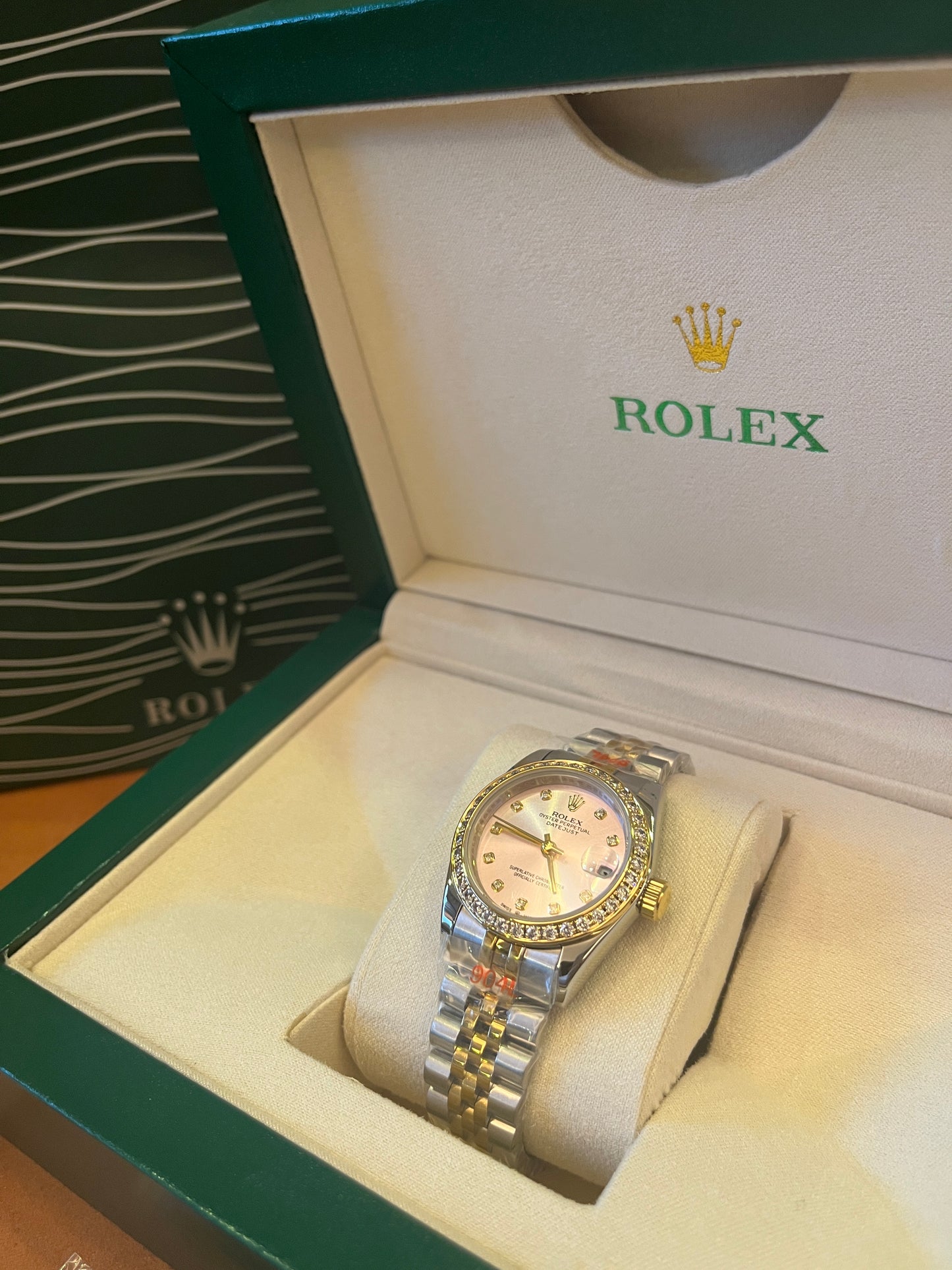 Rolex datejust 31 mm pink mother of pearl dial two tone diamond watch