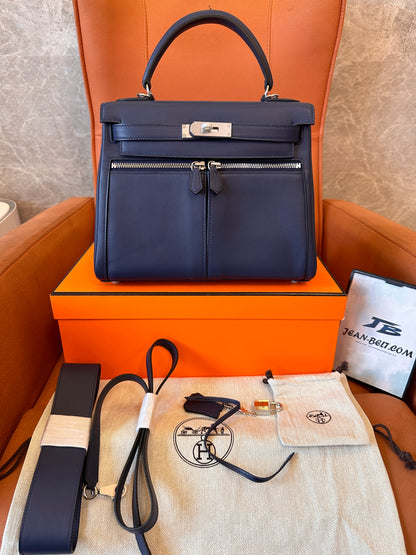 [Full Handmade]Hermès Kelly Ado II Retourne 28cm midnight blue swift leather handbag