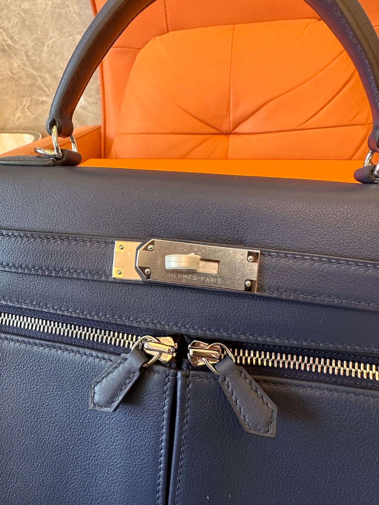 [Full Handmade]Hermès Kelly Ado II Retourne 28cm midnight blue swift leather handbag