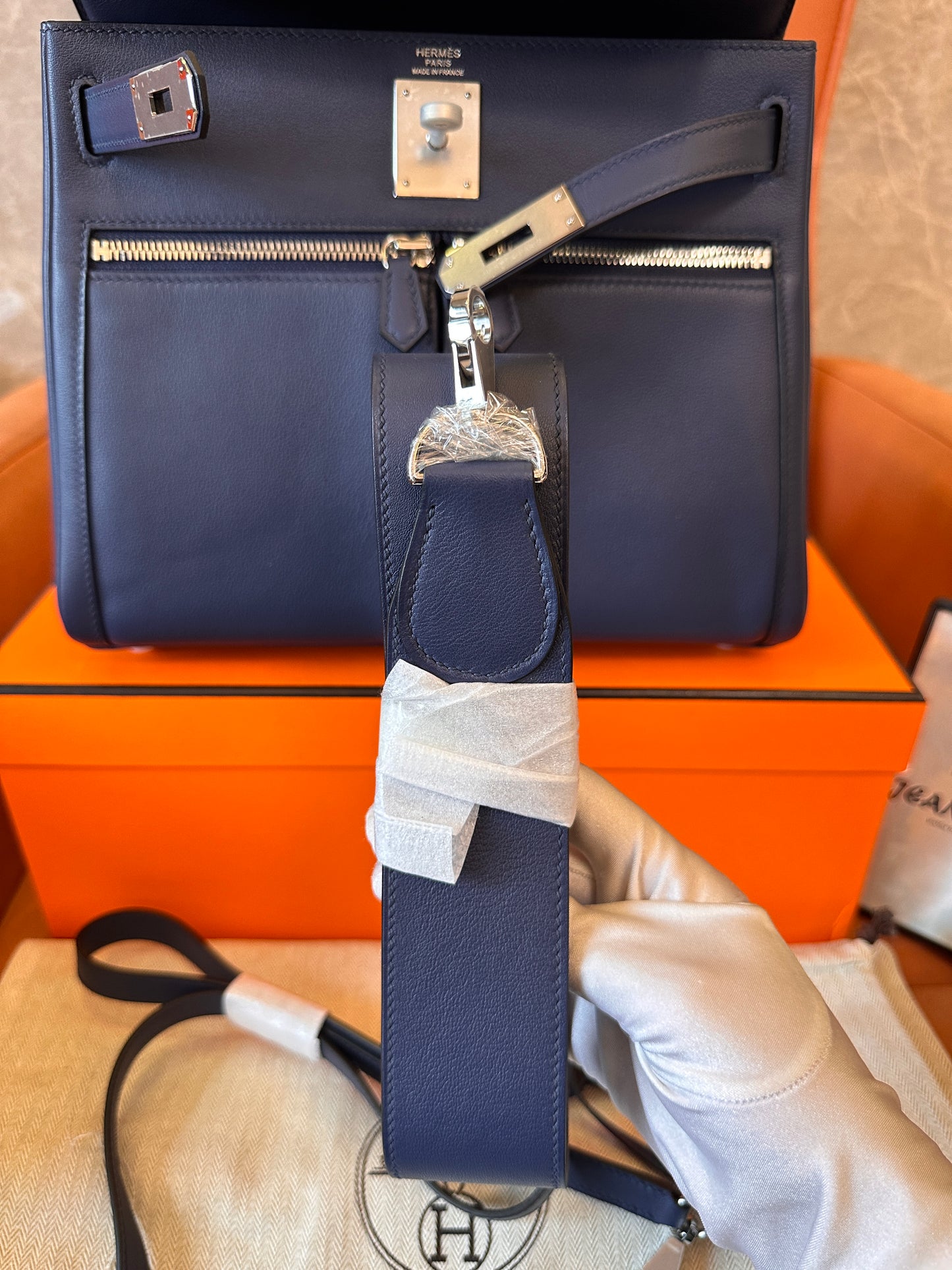 [Full Handmade]Hermès Kelly Ado II Retourne 28cm midnight blue swift leather handbag