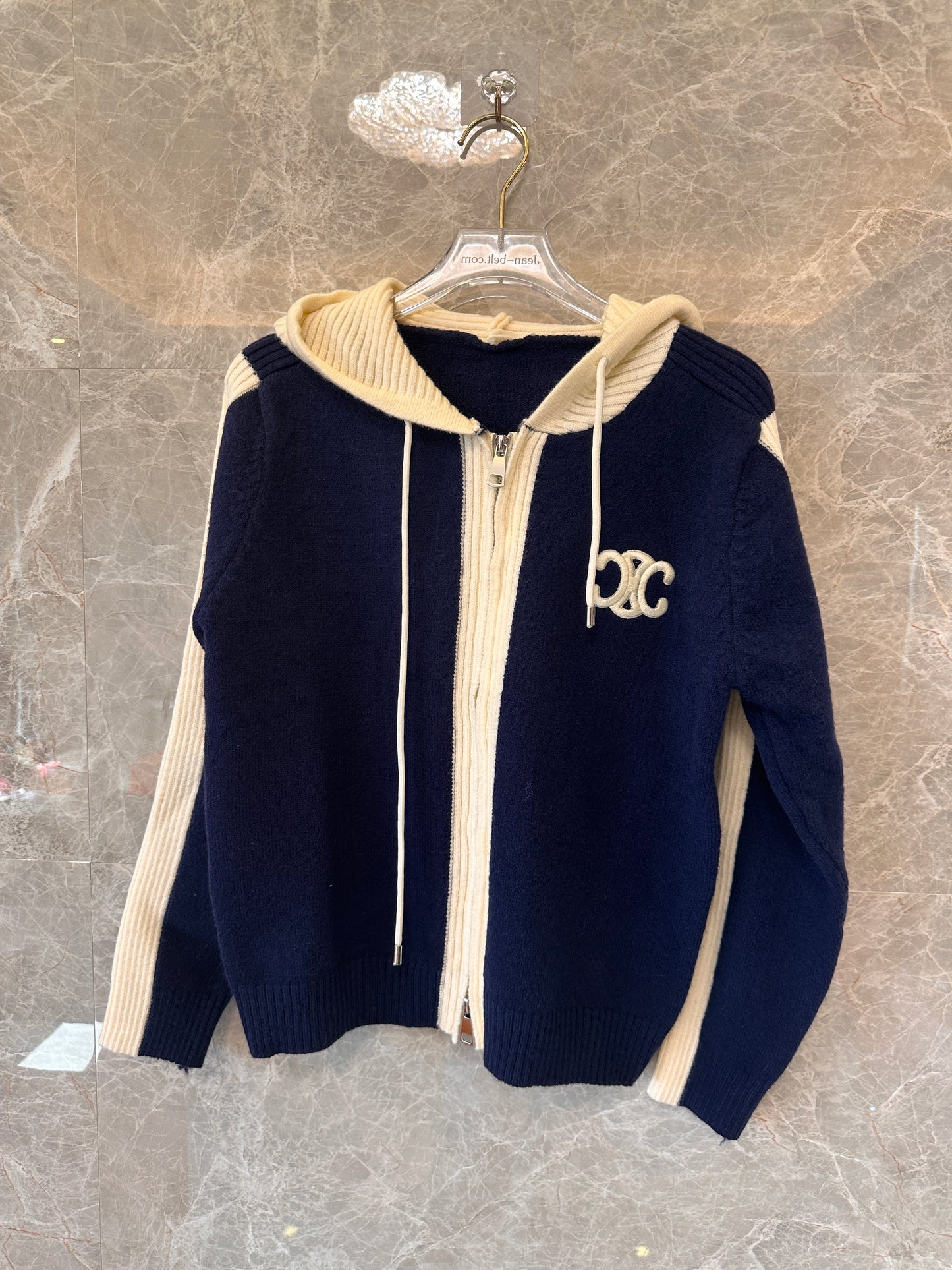 Chanel navy and cream hooded wool knit cardigan