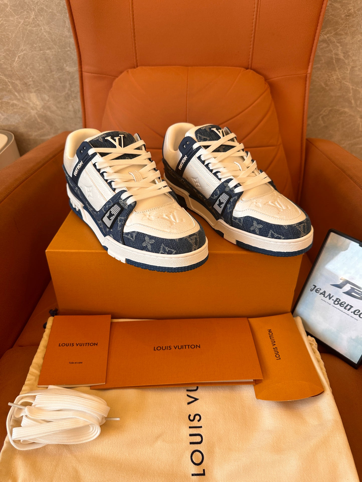 Louis Vuitton trainer sneakers in white and blue monogram canvas