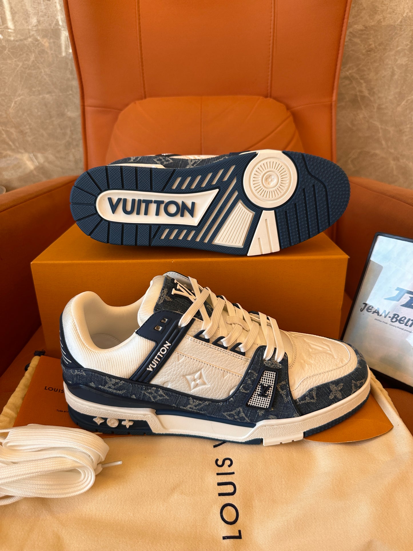 Louis Vuitton trainer sneakers in white and blue monogram canvas