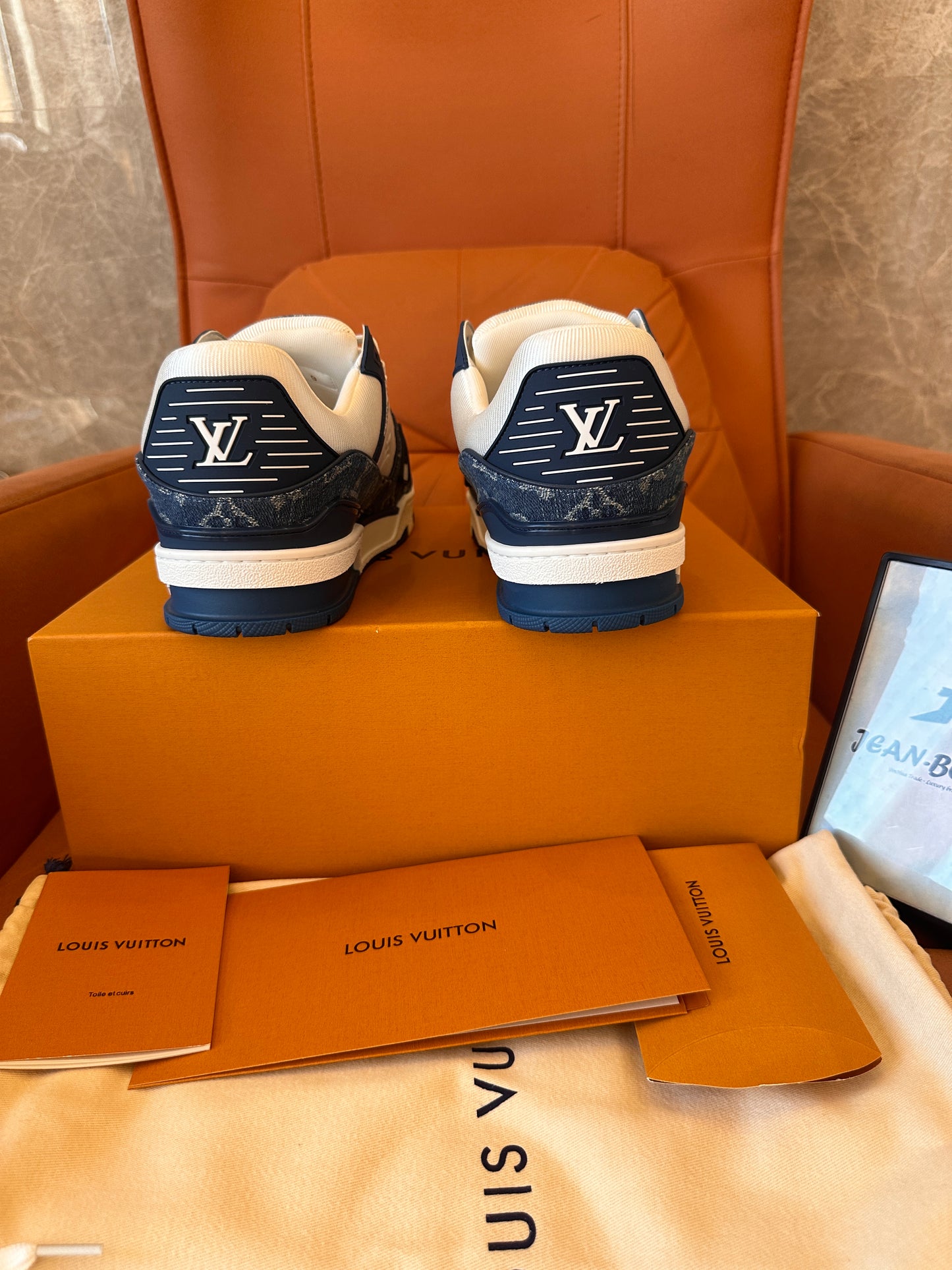 Louis Vuitton trainer sneakers in white and blue monogram canvas