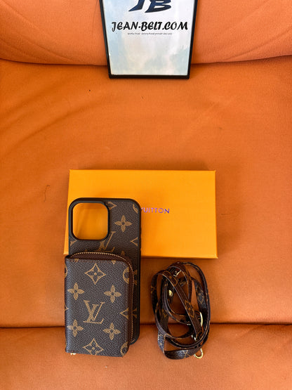 Louis Vuitton monogram canvas phone case with zippered pouch and detachable strap