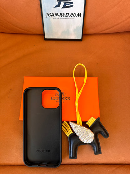 Hermès leather phone case with pouch, and pegasus charm