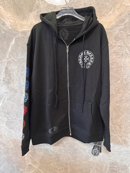 Chrome Hearts black zip-up hoodie with multicolor crosses