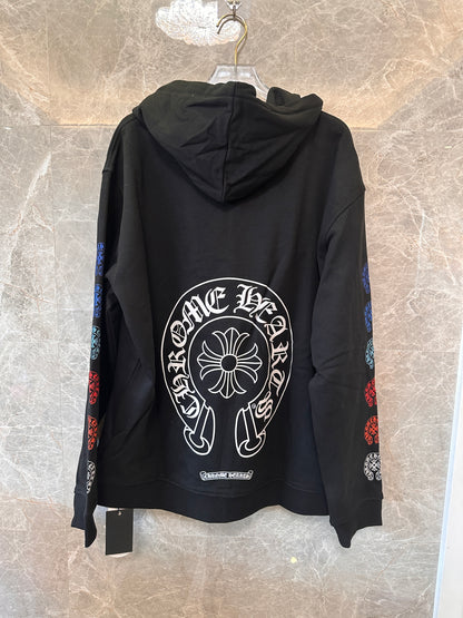 Chrome Hearts black zip-up hoodie with multicolor crosses