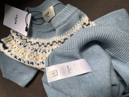 Celine Fair Isle wool knit sweater in blue