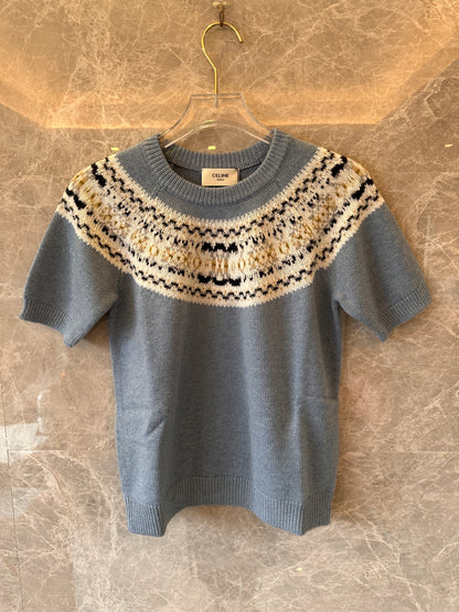 Celine Fair Isle wool knit sweater in blue