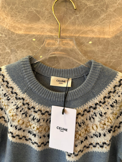 Celine Fair Isle wool knit sweater in blue