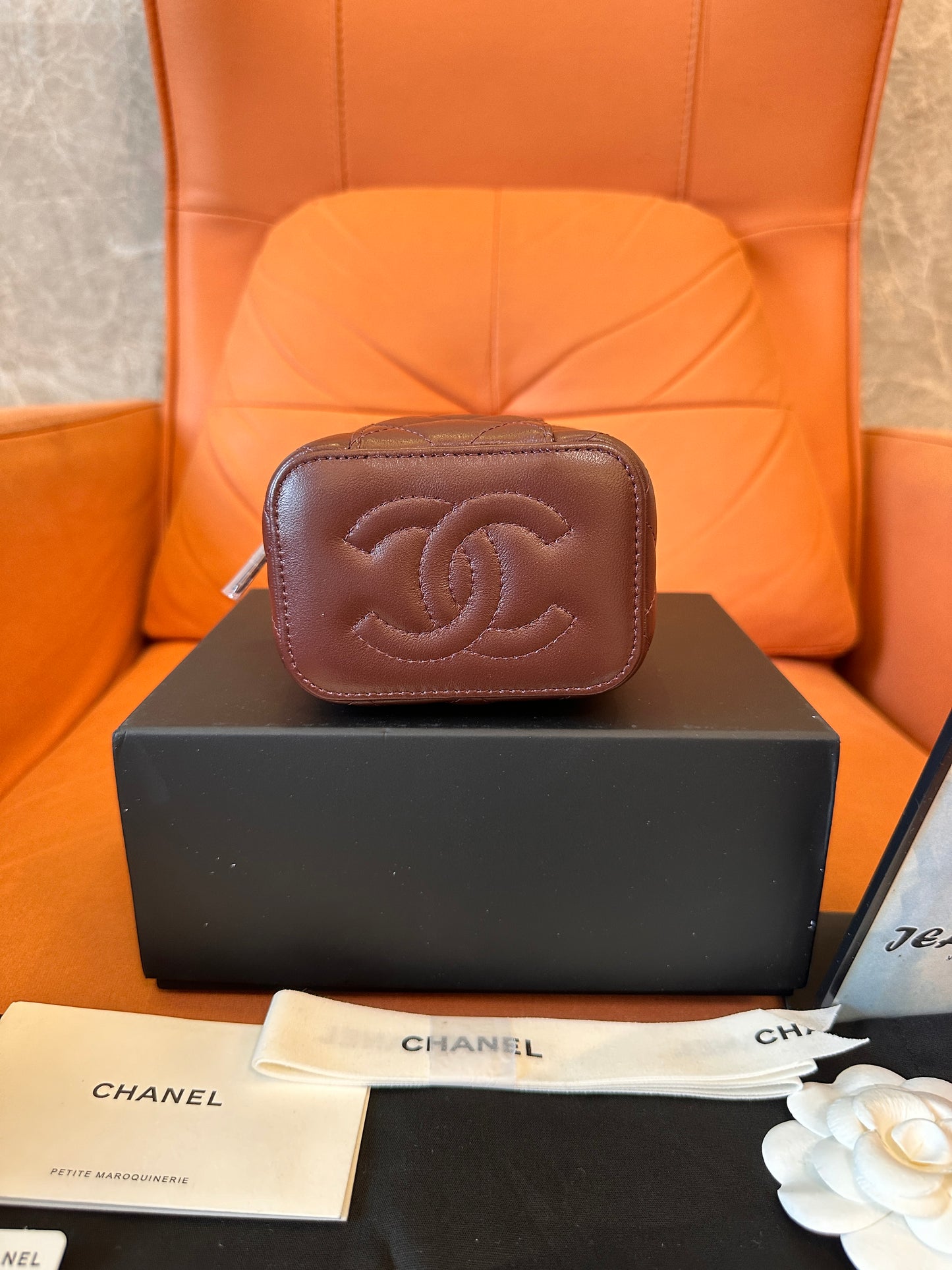 Chanel mini vanity case in quilted burgundy leather