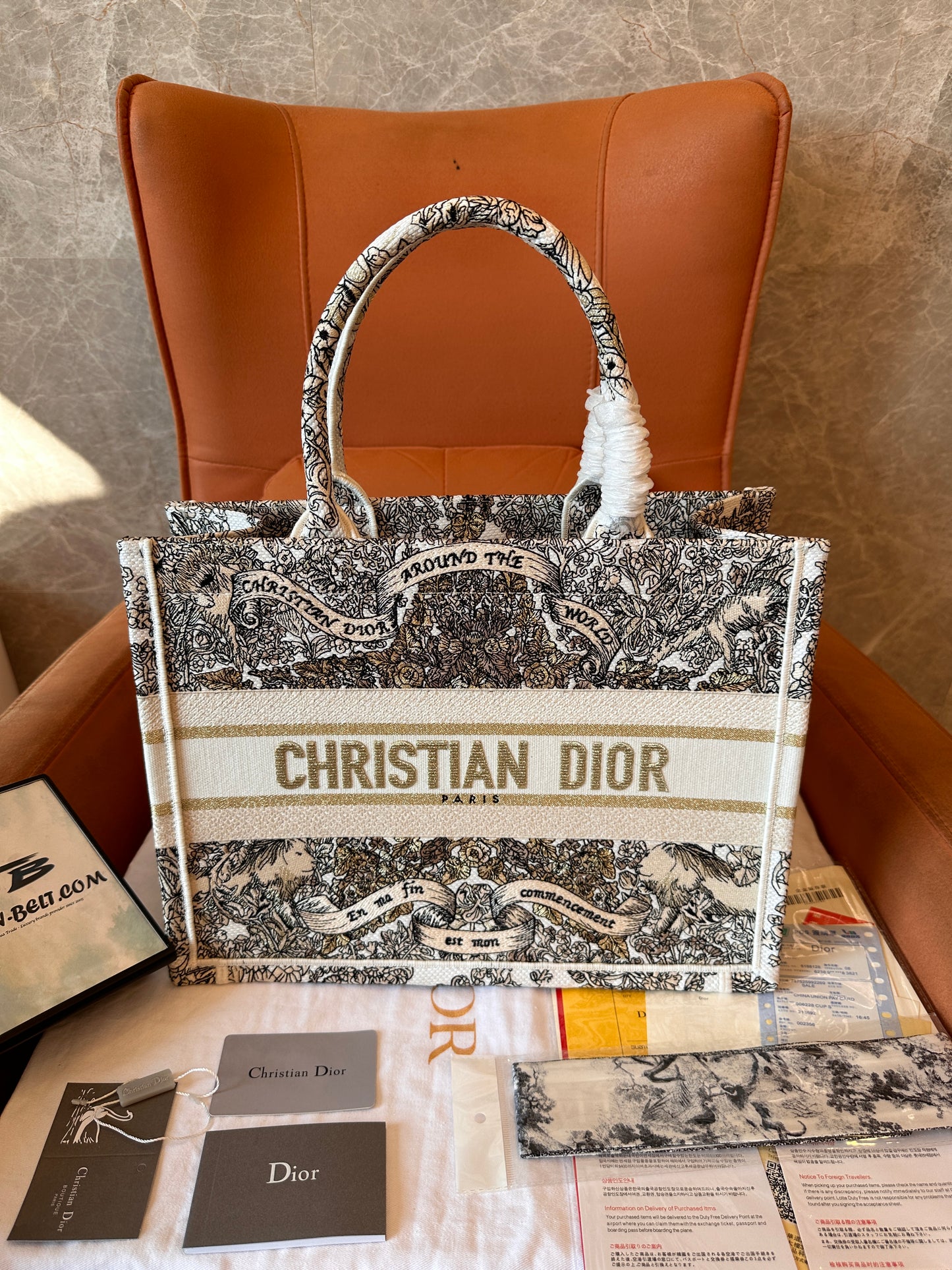 Dior large book tote "Around the World" – black and white embroidered canvas