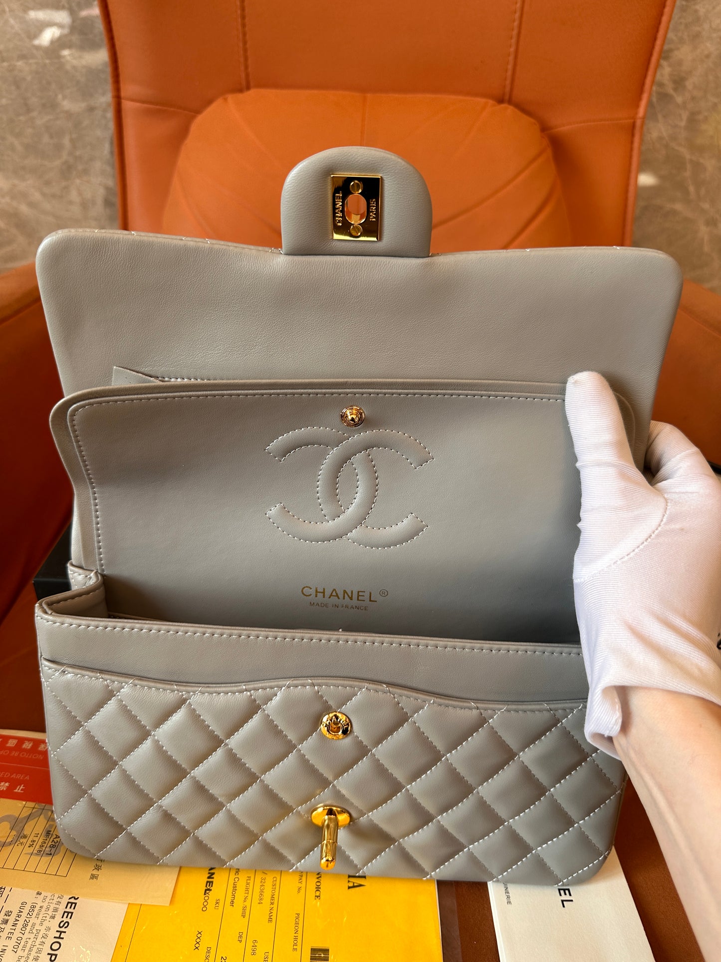 Chanel lambskin quilted small double flap grey