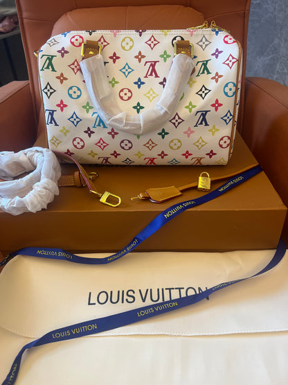 Louis Vuitton  white rainbow monogram canvas leather speedy 30 shoulder bag