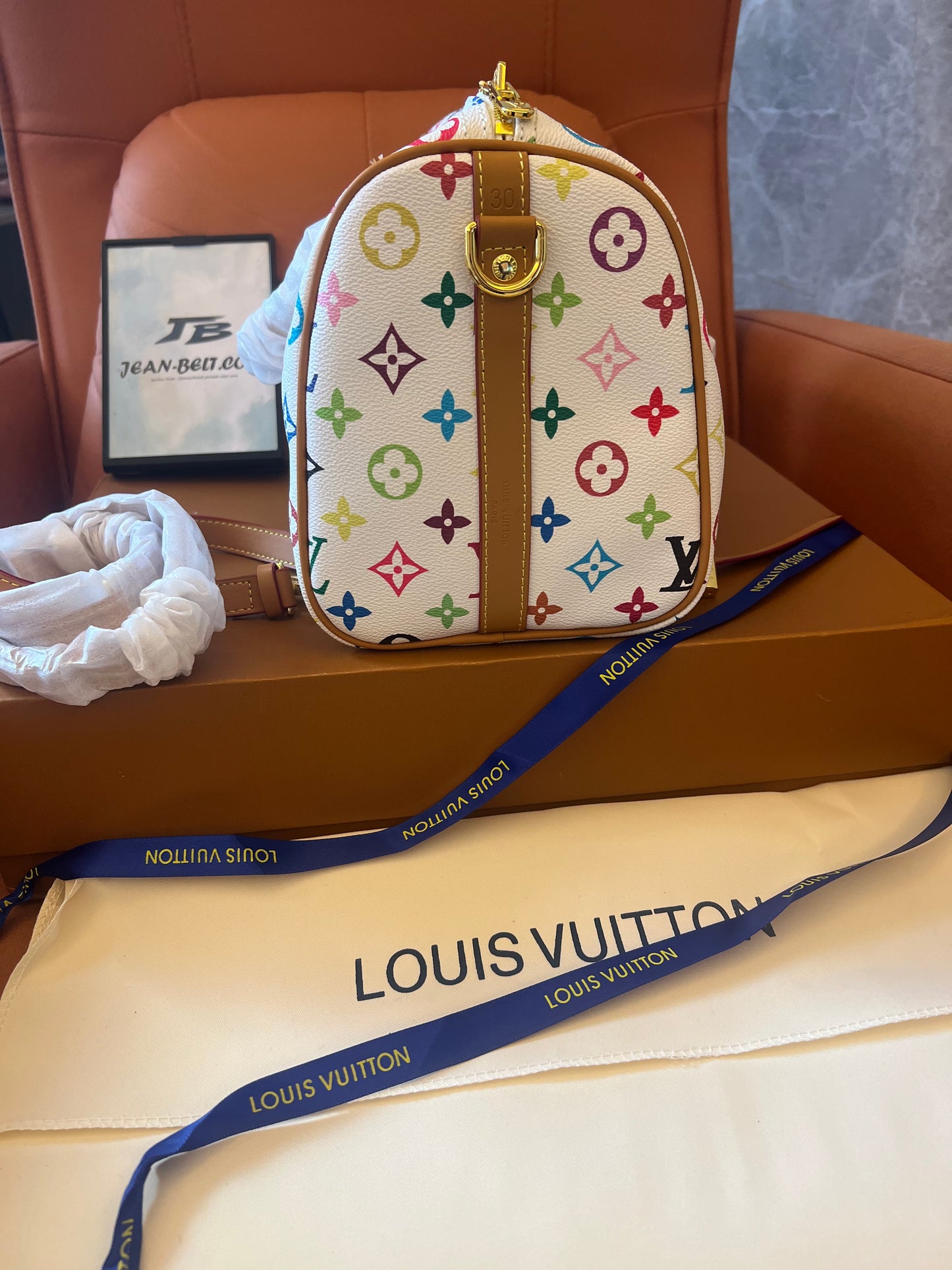 Louis Vuitton  white rainbow monogram canvas leather speedy 30 shoulder bag