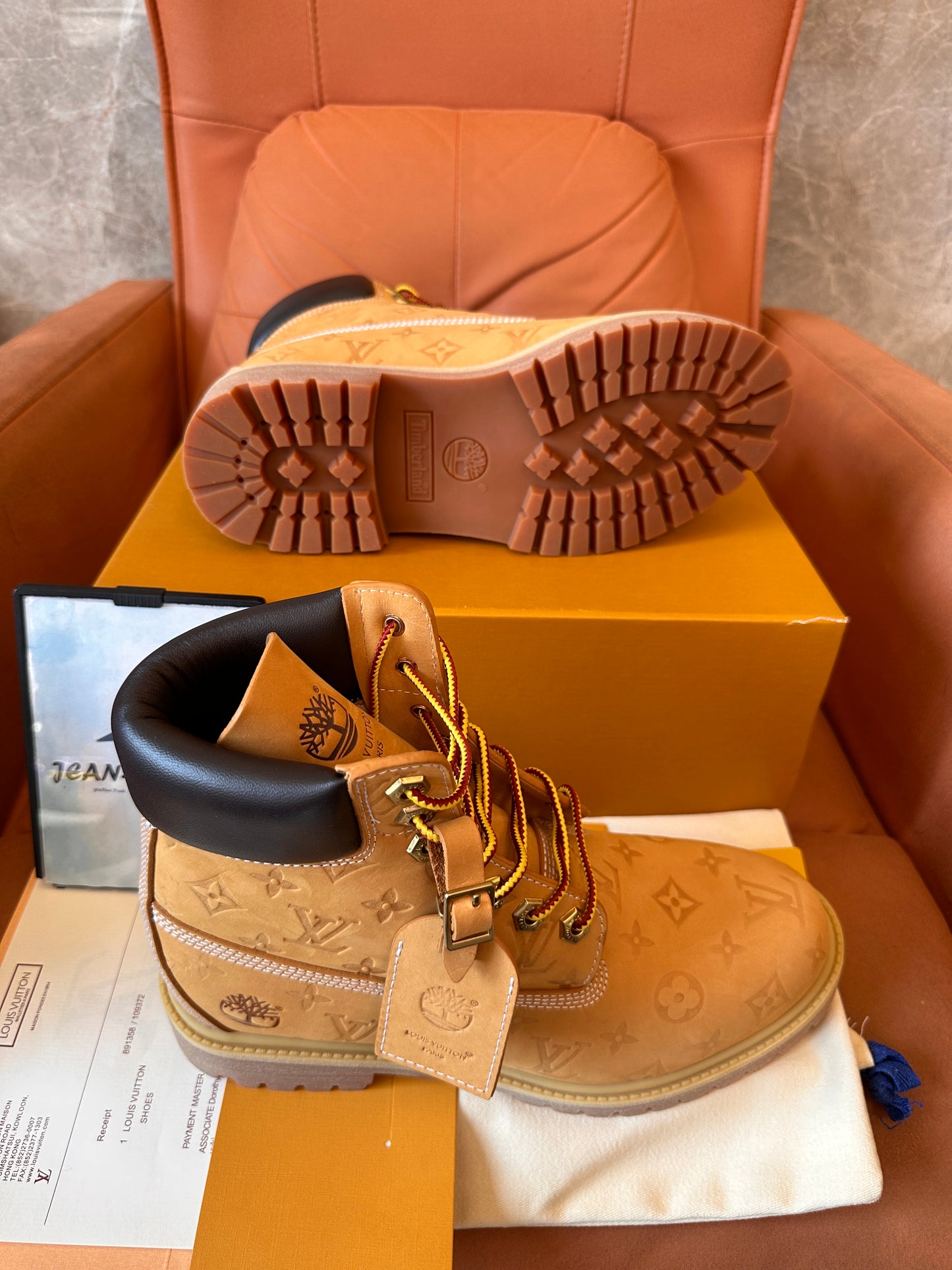 Louis Vuitton x Timberland monogram embossed leather boots