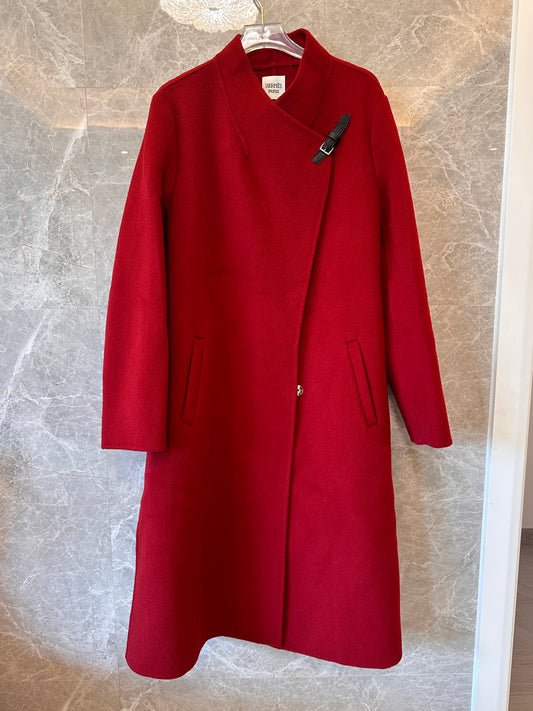 Hermes red wool coat with asymmetric collar and leather buckle