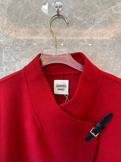 Hermes red wool coat with asymmetric collar and leather buckle