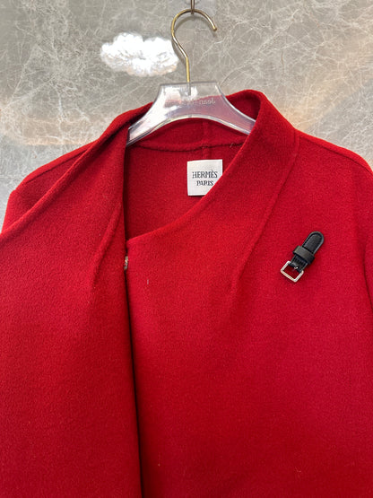 Hermes red wool coat with asymmetric collar and leather buckle