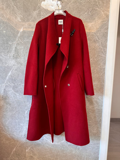 Hermes red wool coat with asymmetric collar and leather buckle