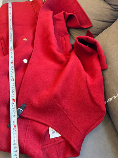 Hermes red wool coat with asymmetric collar and leather buckle