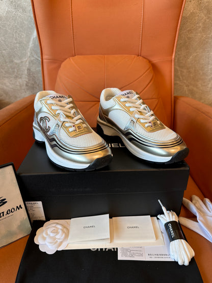 Chanel CC Trainers – white and gold sneakers with iconic logo