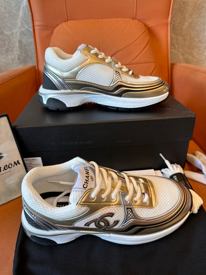 Chanel CC Trainers – white and gold sneakers with iconic logo