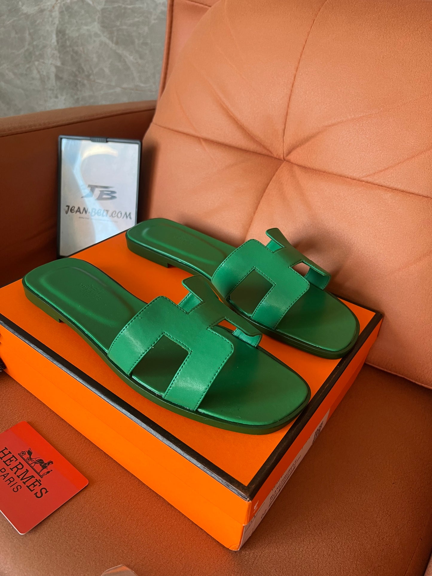 Hermès Oran sandals - brown and green leather slides, classic "H" design