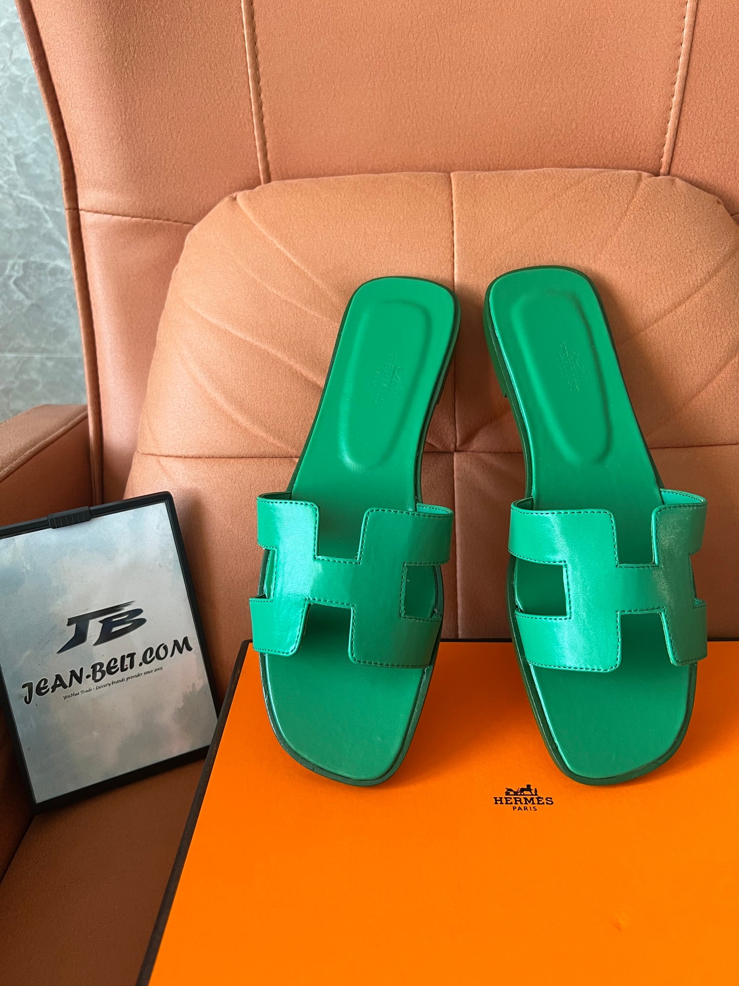 Hermès Oran sandals - brown and green leather slides, classic "H" design