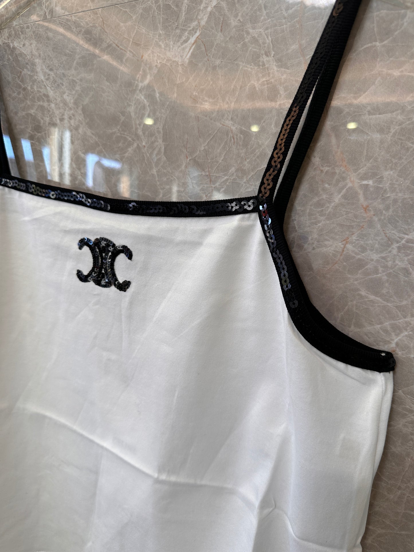 Celine paris white camisole with black sequin trim