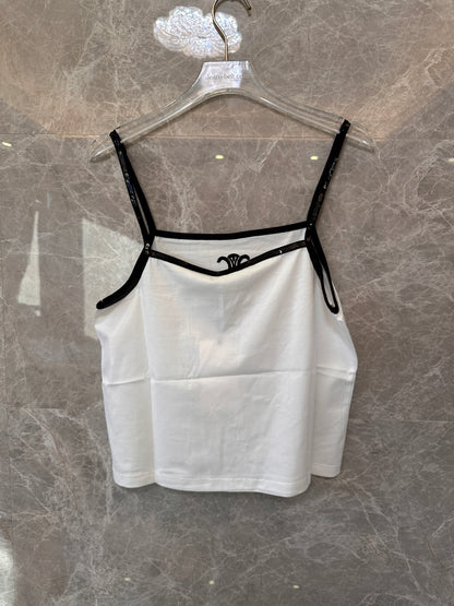 Celine paris white camisole with black sequin trim