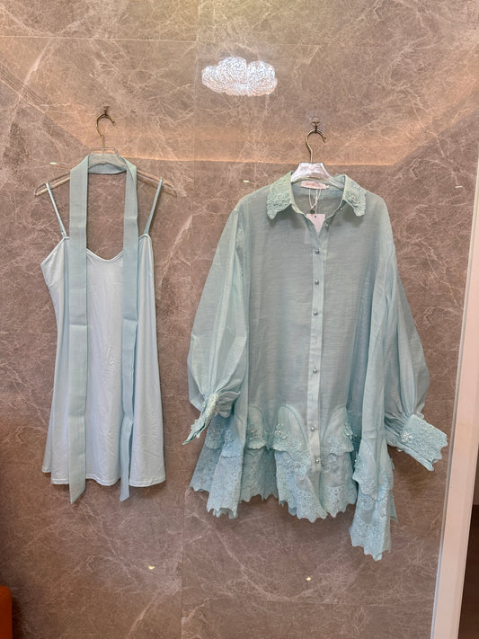 Zimmermann elegant lace-trimmed shirt dress set – mint green