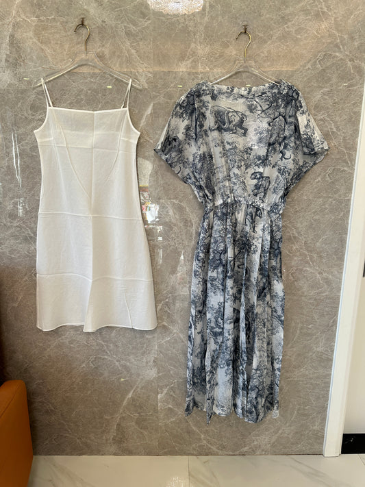 Dior Toile de Jouy Printed Two-Piece Dress Set – Blue and White Chiffon
