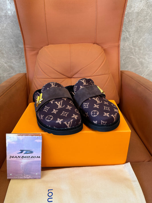 Louis Vuitton Monogram Shearling Mules with Gold LV Buckle