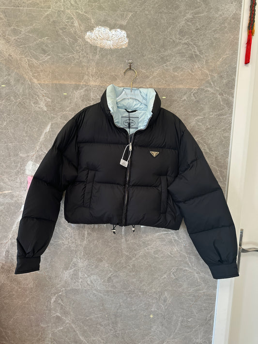 Prada Re-Nylon Cropped Down Jacket Black and Light Blue