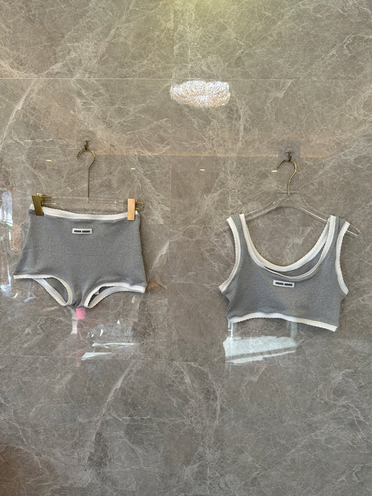 Miu Miu Grey Terry Cotton Crop Tank and Shorts Set