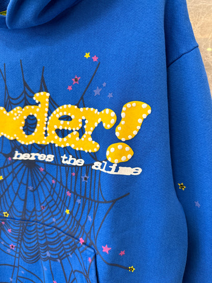 Sp5der blue hoodie with spider web graphic