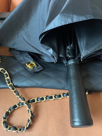 Chanel folding umbrella with case black gold