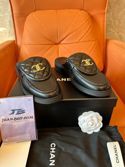 Chanel quilted leather slippers with gold CC logo