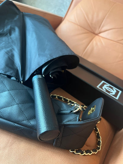 Chanel folding umbrella with case black gold