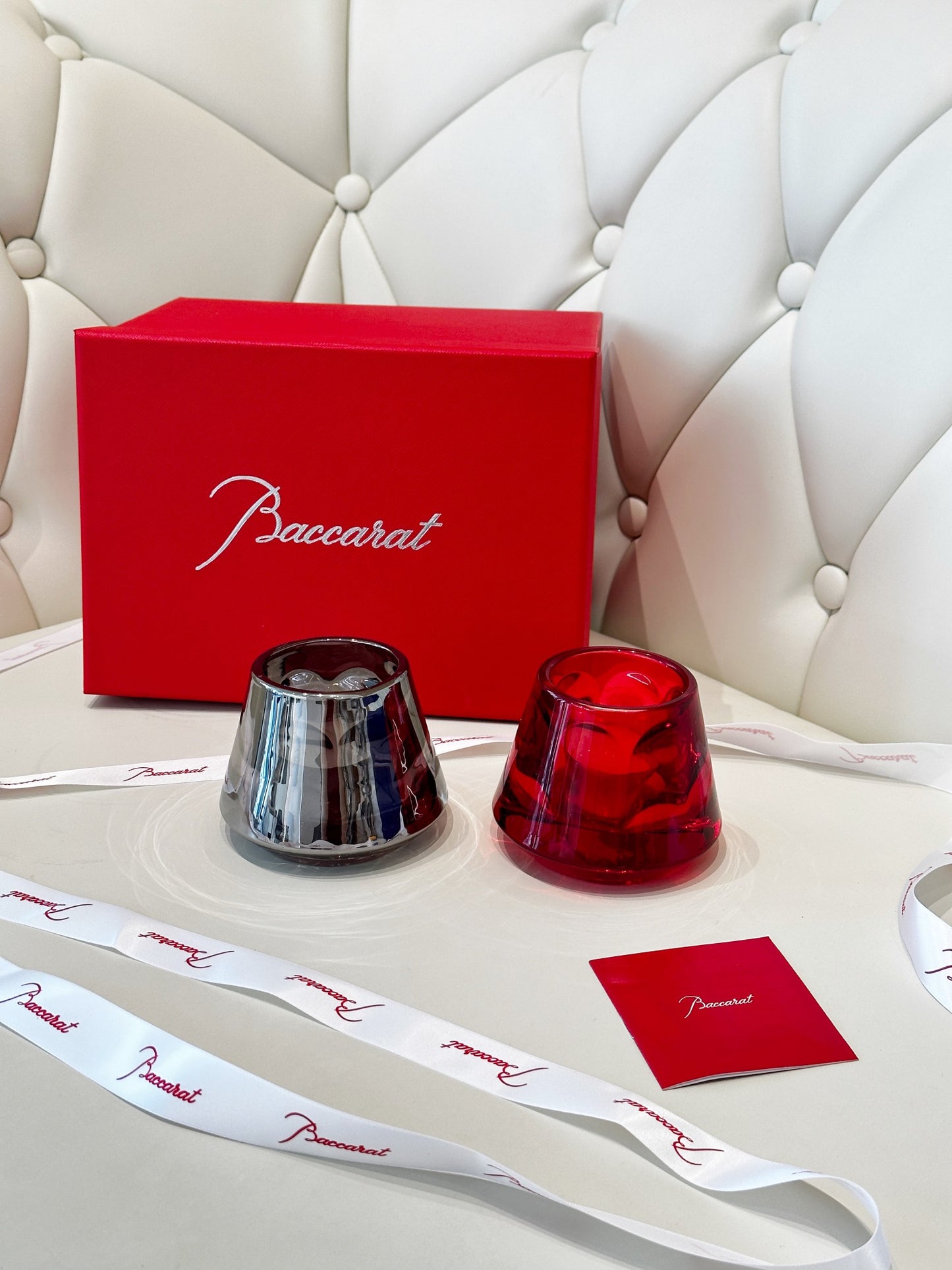 Baccarat Harcourt "Flame of Passion" Mini Candle Holder Set - Red & Silver Edition