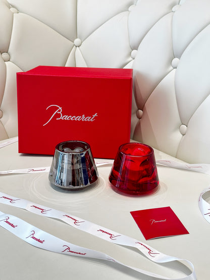 Baccarat Harcourt "Flame of Passion" Mini Candle Holder Set - Red & Silver Edition