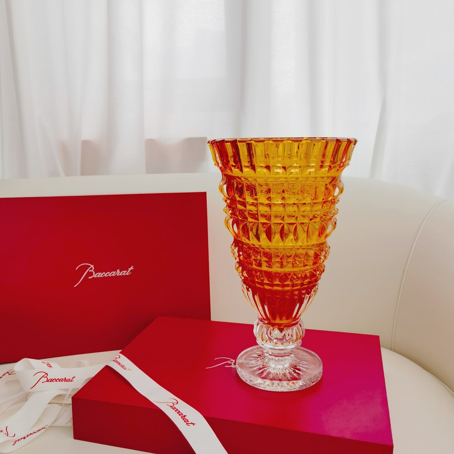 Baccarat Harcourt Amber Crystal Vase - Handcrafted Luxury Decorative Piece