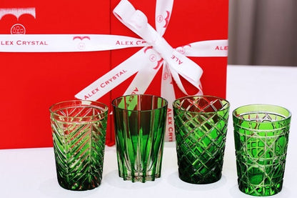 Alex Crystal Green Whiskey Glass Set - Handcrafted Luxury Glassware (4-Piece Set)