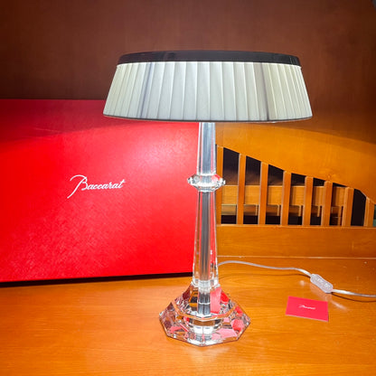 Baccarat Crystal Table Lamp with Pleated Fabric Shade - Hexagonal Design