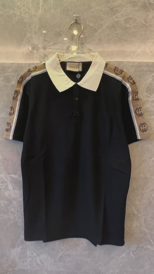 Gucci logo-jacquard webbing-trimmed stretch-cotton piqué polo shirt black