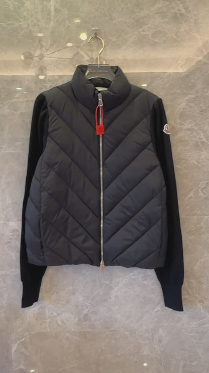 Moncler down jacket with knit sleeves for women black